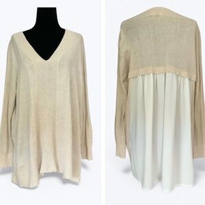 Anthropologie Moth Beige Cotton Oversized V Neck Tunic Sweater Ruffle Back S